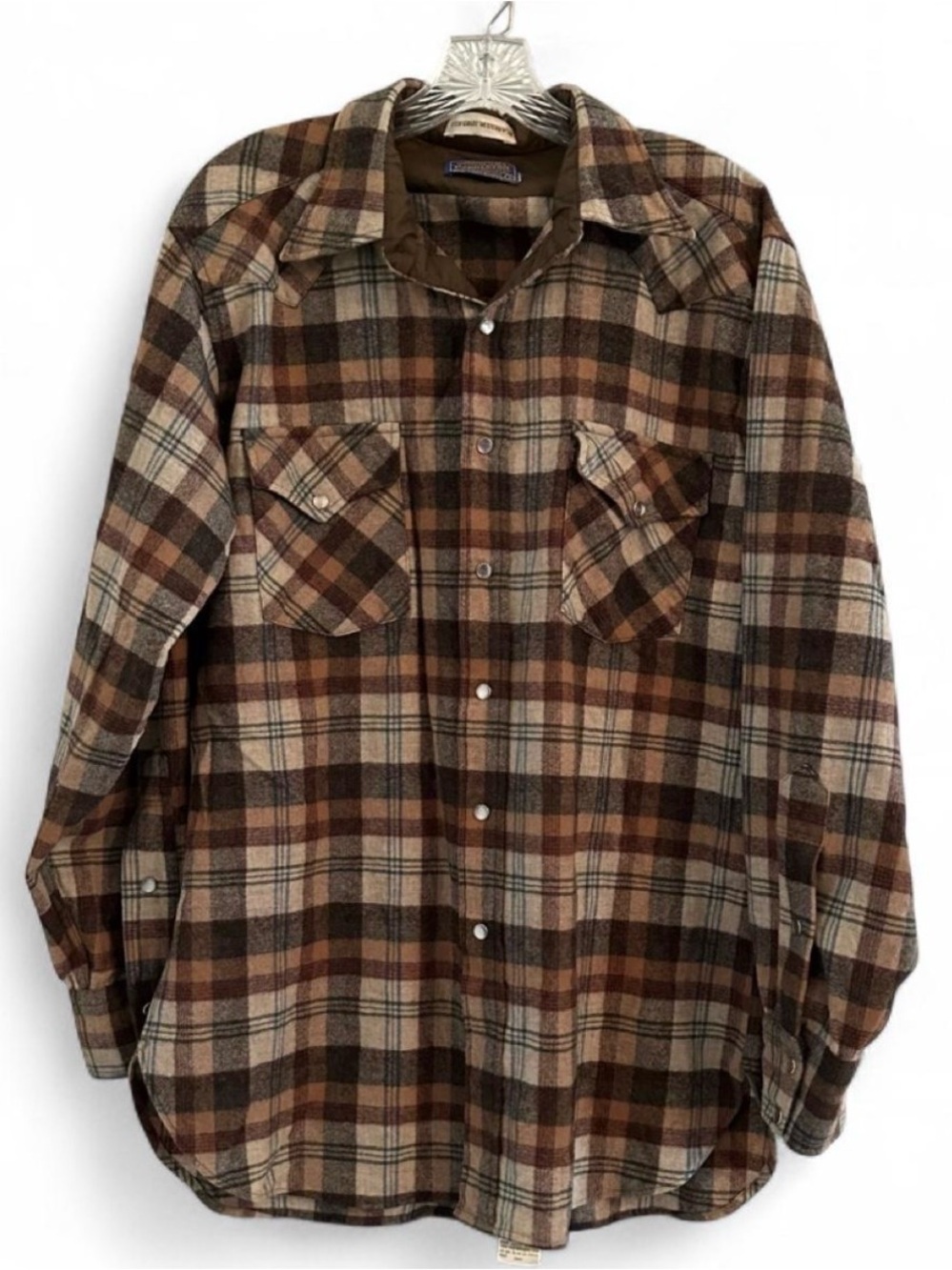Vintage Pendleton 100% Wool High Grade Western Wear Brown Plaid Button Up Sz L